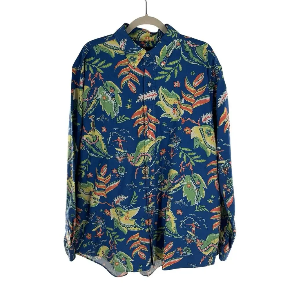 Ralph Lauren Blue Hawaiian Floral Tropical Button Down Shirt